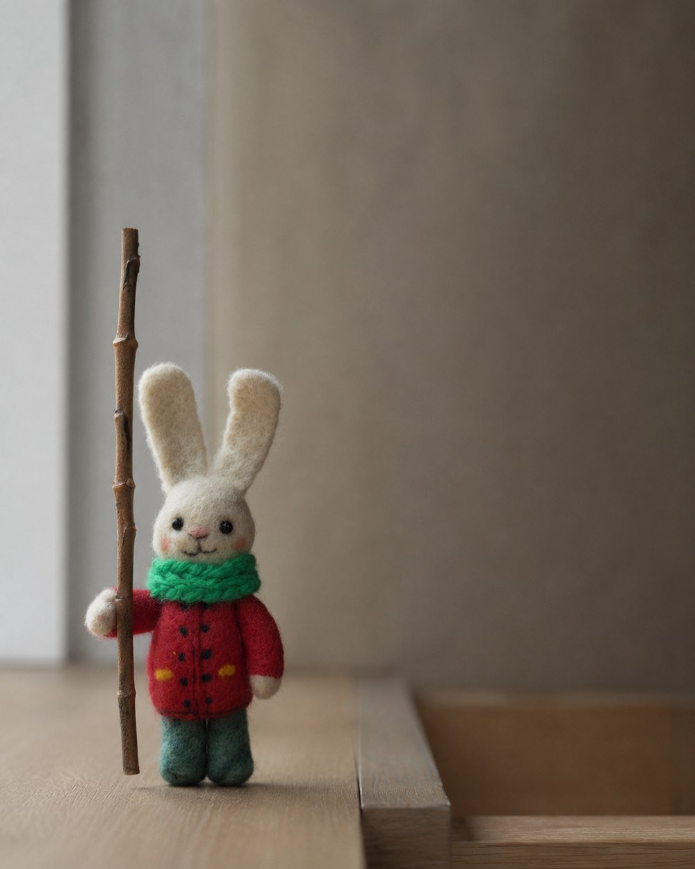 Personaje textil de un conejo en tono rojo.
