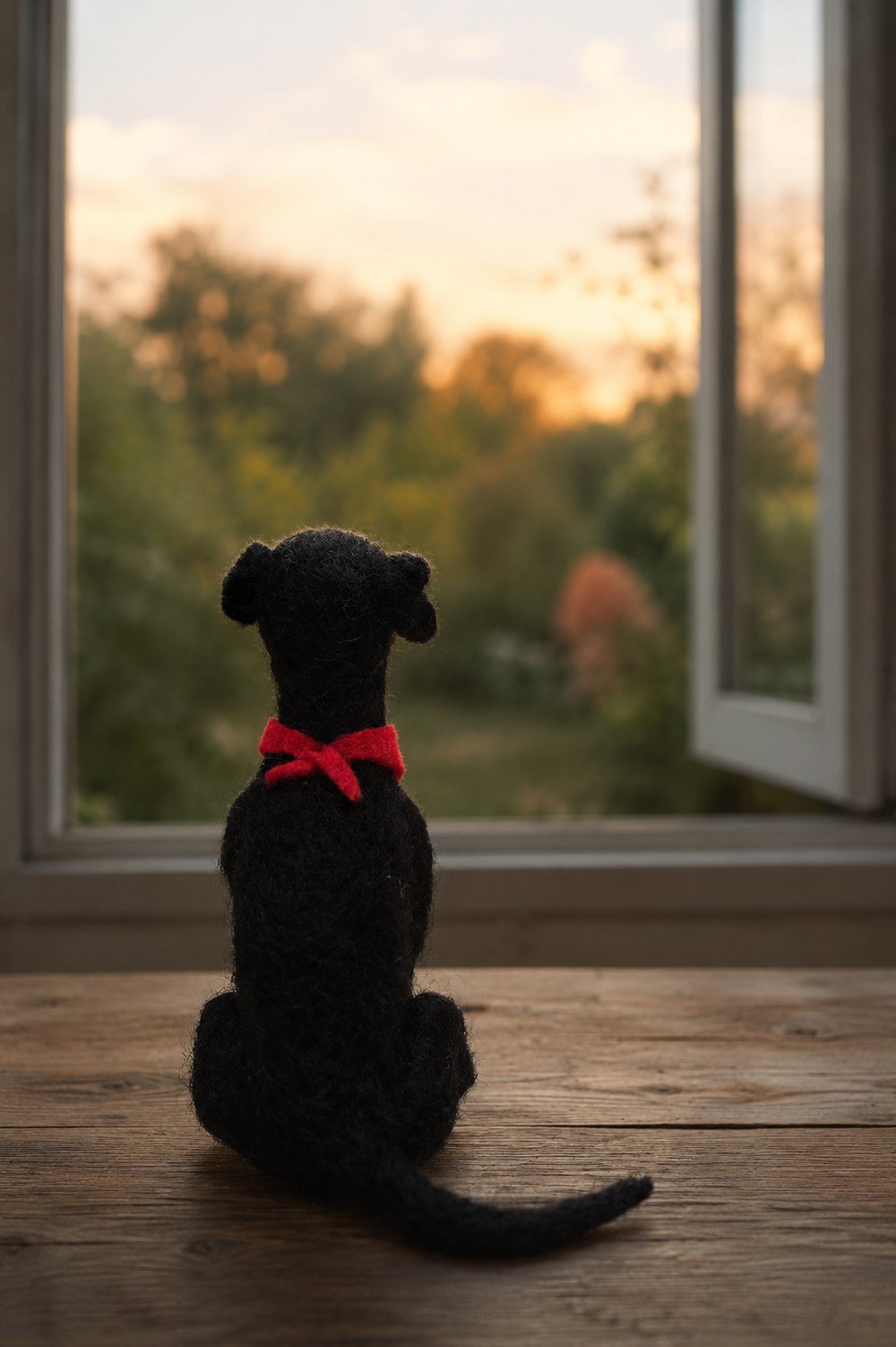 Personaje textil de un perro, fotografiado desde atrás.